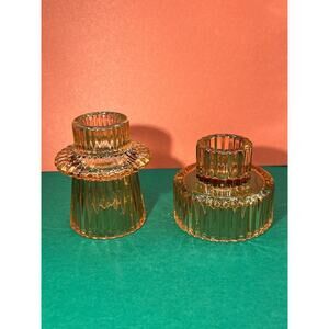 Ribbed Amber glass Candlestick Holders Lot of 2 Taper and Votive Candles Not Inc